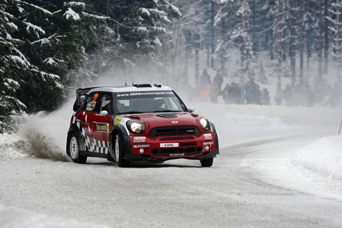 Red Mini Cooper Rally Car in Snow
