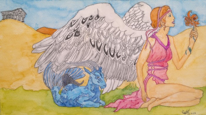 Angel with a blue goat and a temple