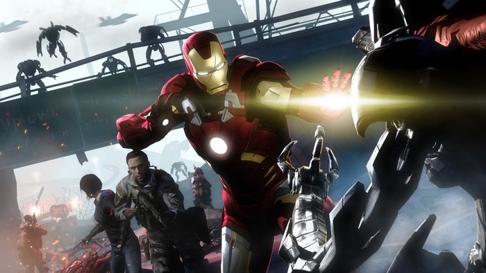 Iron Man fighting robots with soldiers on a bridge