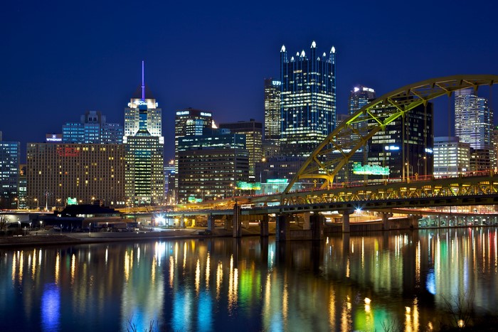 Pittsburgh skyline at night with bridges and river