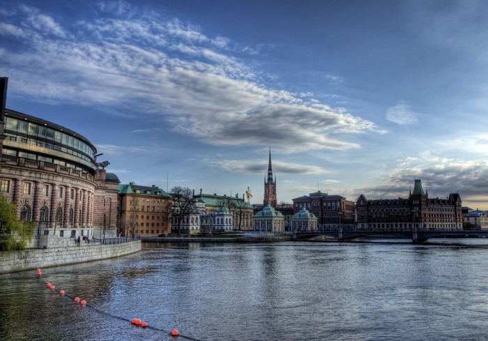Stockholm cityscape with Parliament House and Riddarholmen Church