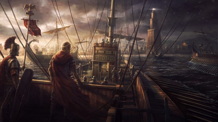Roman ships in a harbor with the Lighthouse of Alexandria