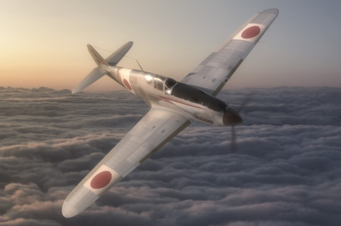 Kawasaki Ki-61 fighter airplane flying over clouds