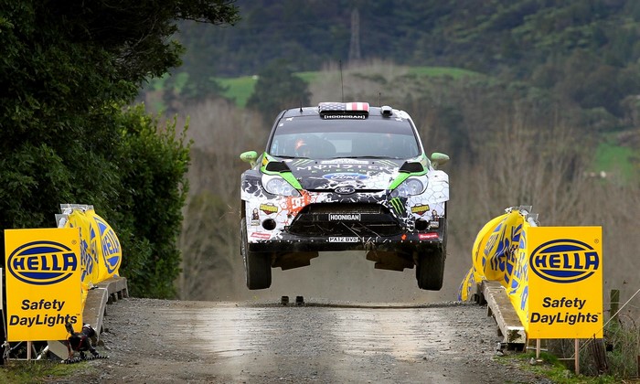 Ford Fiesta rally car in mid-air jump