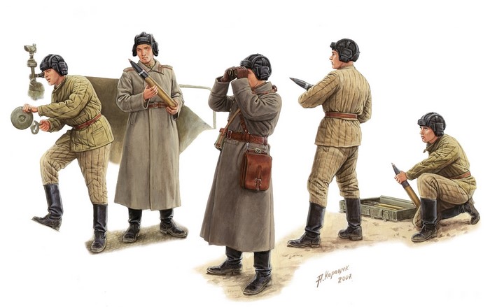 Soviet soldiers with artillery shells and equipment