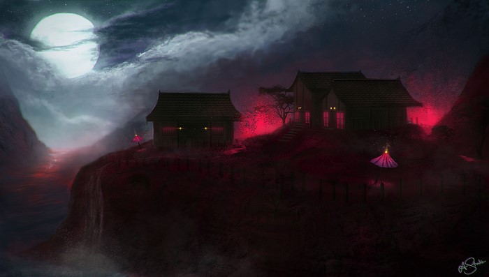 Gothic fantasy houses under a full moon at night