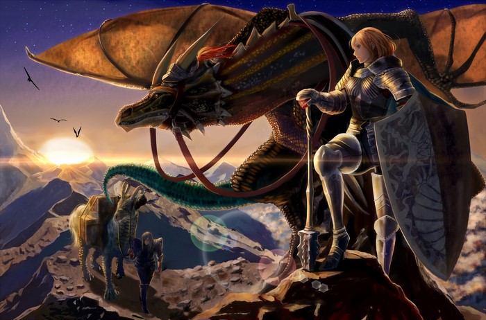 Knight with Dragon overlooking Mountains at Sunrise