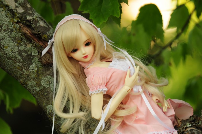 Doll with blonde hair in a pink dress on a tree