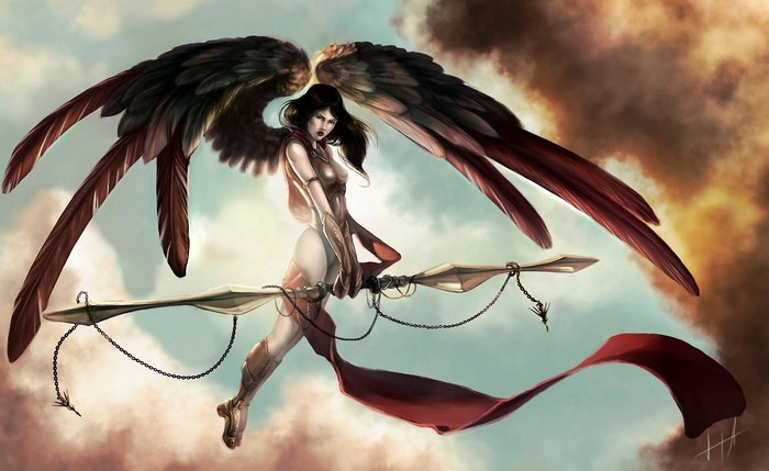 Angel with large wings holding a weapon