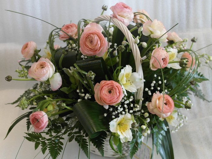 Elegant Pink Ranunculus and Alstroemeria Bouquet in Basket