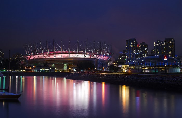 BC Place Stadium at night in Vancouver, Canada