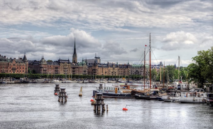Stockholm waterfront with historic buildings and boats
