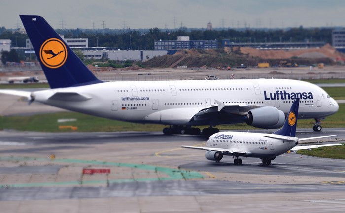 Lufthansa Airbus A380 and Boeing 737 on Tarmac