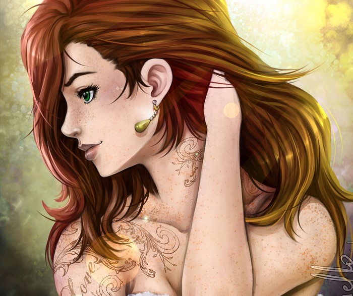 Painting of a woman with red hair and tattoos