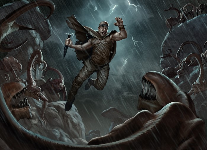 Man fighting monsters in the rain