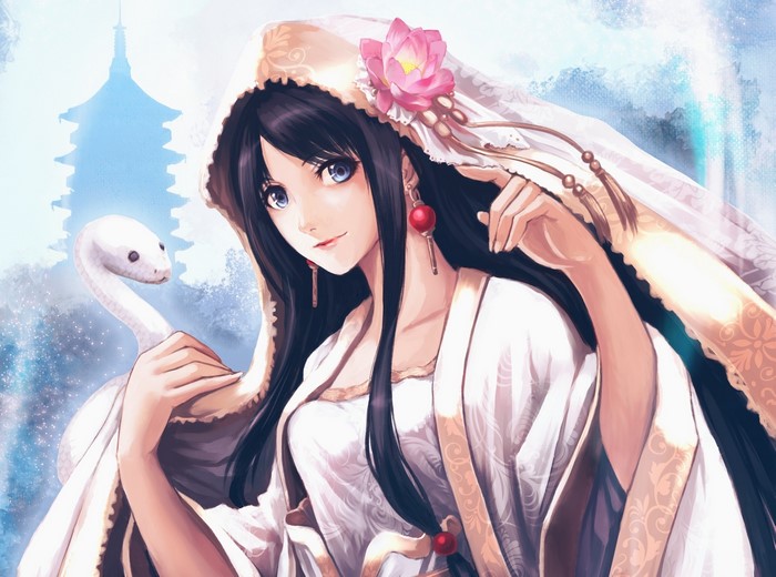 Anime girl with snake and pagoda