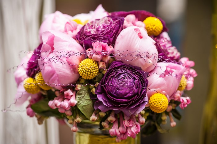 Bouquet of pink and purple peonies and yellow craspedia