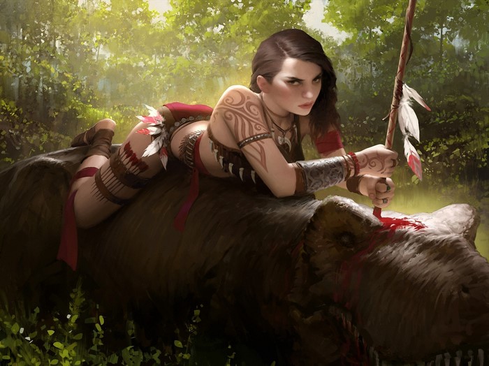 Warrior woman on a dead dinosaur with a spear
