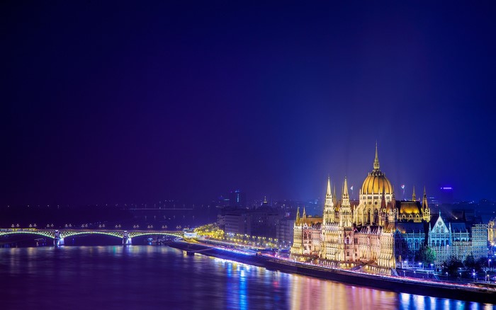 Budapest Parliament Building and Bridge at Night