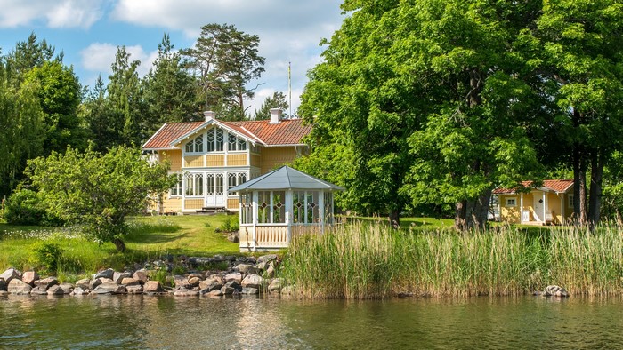 Yellow houses by the water in Vaxholm, Sweden