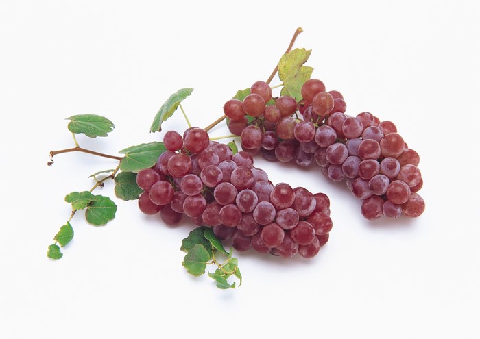 Two bunches of red grapes with leaves