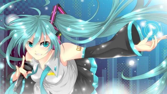 Hatsune Miku from Vocaloid singing with a microphone