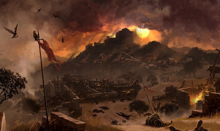 Assassin's Creed ruins under a fiery sun