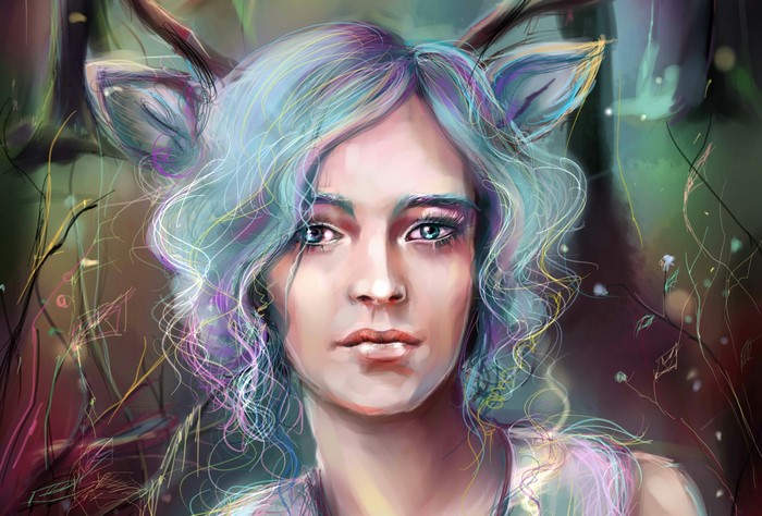 Painting of a woman with deer ears and colorful hair
