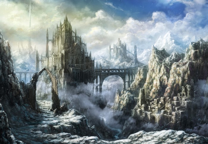 A fantasy castle on a snowy mountain landscape