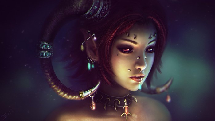 Demon woman with horns and piercings