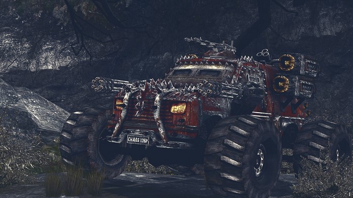 Armored vehicle with machine guns in forest