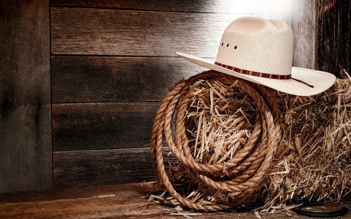 Cowboy hat on hay bale with rope and wood background