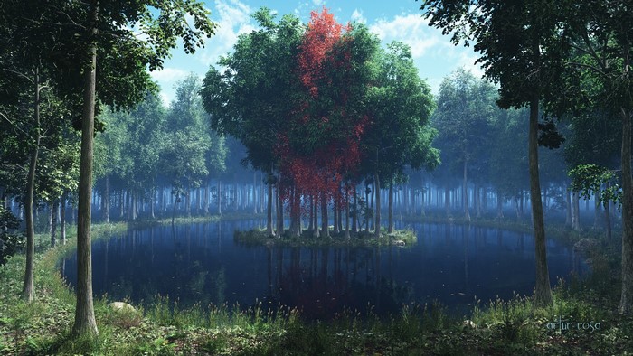 Island with red and green trees in a lake