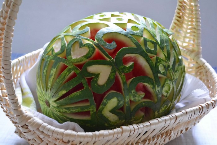 Carved Watermelon in Wicker Basket