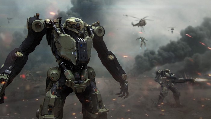 Giant robot and soldiers in battle with helicopters