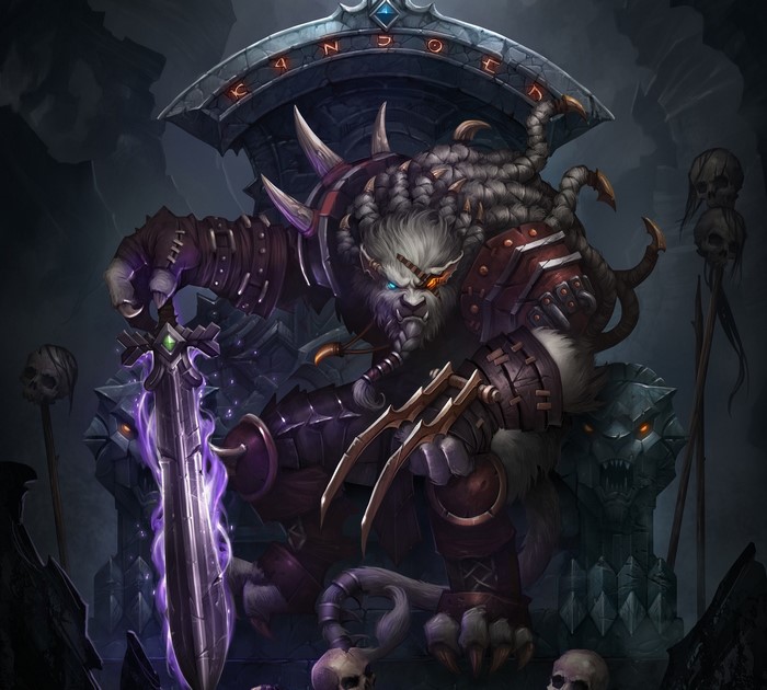 Rengar from League of Legends sitting on a throne with a sword