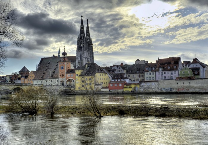 Regensburg, Germany skyline with river and clouds