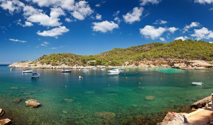 Boats in a bay near a green, hilly coast in Spain