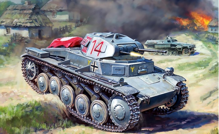 Painting of a German tank in a village battle
