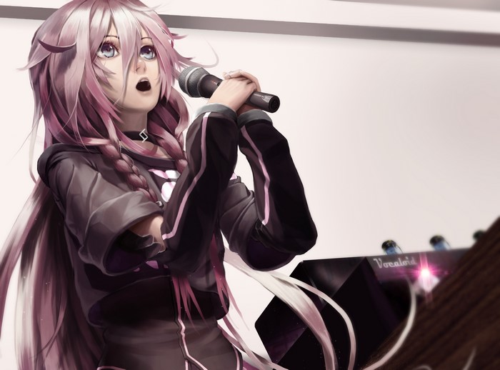 Luka Megurine from Vocaloid singing into a microphone