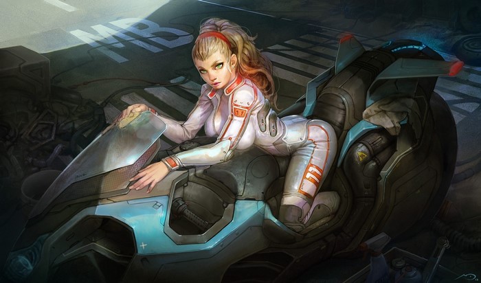 Woman in futuristic suit on a sci-fi motorcycle