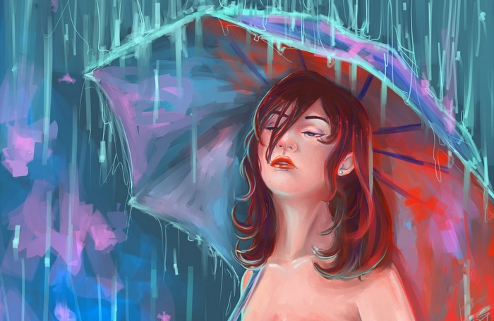 Painting of a redhead girl under an umbrella in the rain