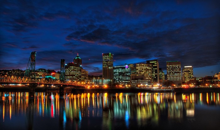 Portland, Oregon skyline at night with reflections