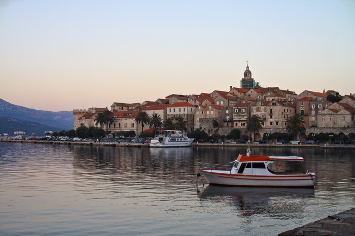Korcula, Croatia Coastline with Motorboats and Buildings