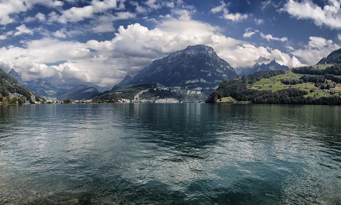 Lake with mountains and clouds in Schwyz Ingenbohl, Switzerland