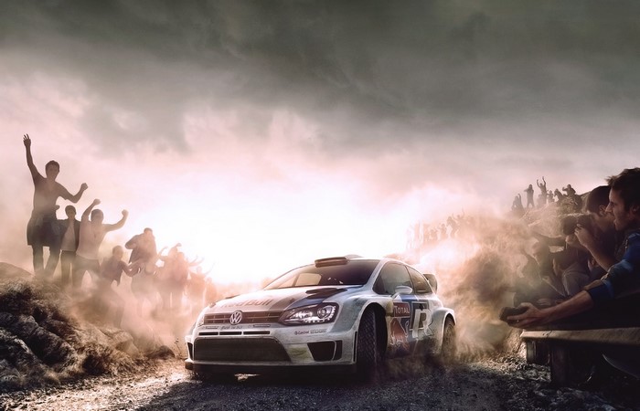 Volkswagen Polo rally car with cheering crowd