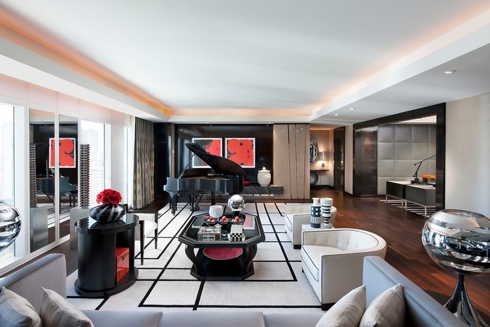 Luxurious living room with grand piano and modern furniture