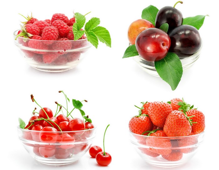 Bowls of Raspberries, Plums, Cherries, and Strawberries