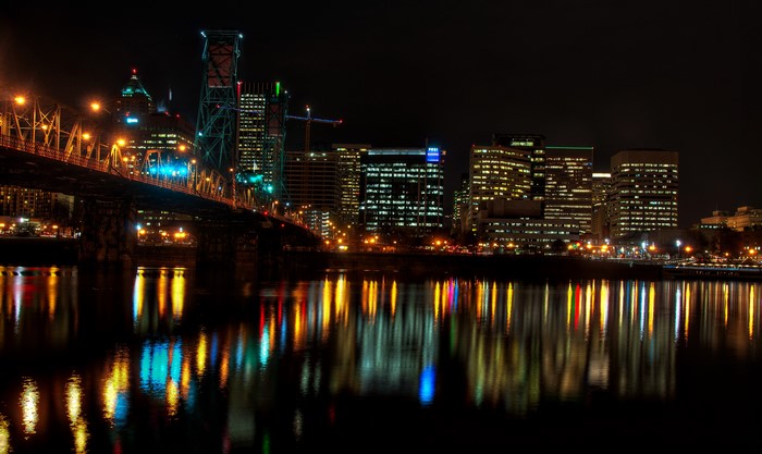 Portland Skyline and Bridge at Night