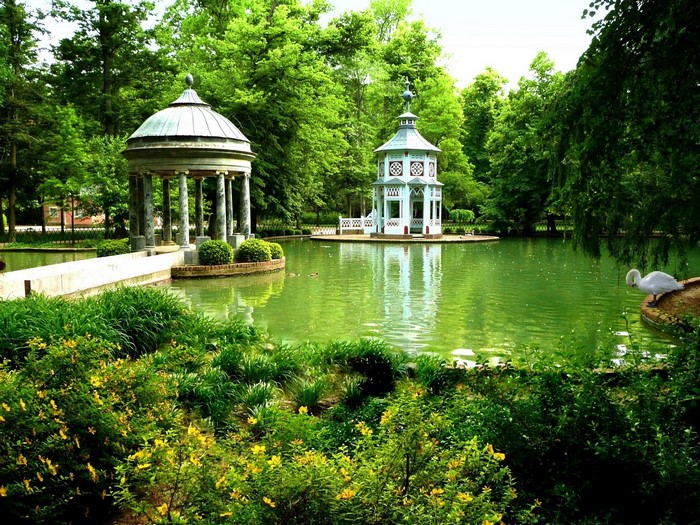 Park with pond and gazebos in Spain